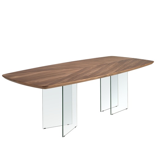 [1191] Mesa comedor ovalada barril nogal y cristal templado